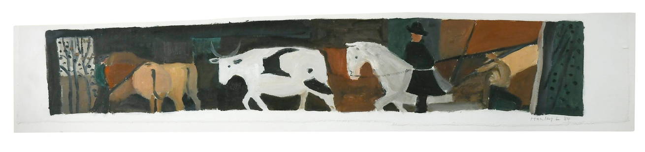 § Liam Powys Hanley (1933-2019): § Liam Powys Hanley (1933-2019) Animal Procession signed and dated 'Hanley L 84' (lower right) oil on canvas laid to board 13.5 x 70cm Provenance: Collection of Anthony Green RA (1939 – 2023)