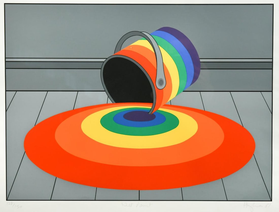 § Patrick Hughes (1939-): § Patrick Hughes (1939-) Wet Paint signed and dated 'Hughes 81' (lower right); numbered 128/150 screenprint 55 x 75cm Provenance: Collection of Nottingham City Council Fry Art Gallery, Saffron Walden