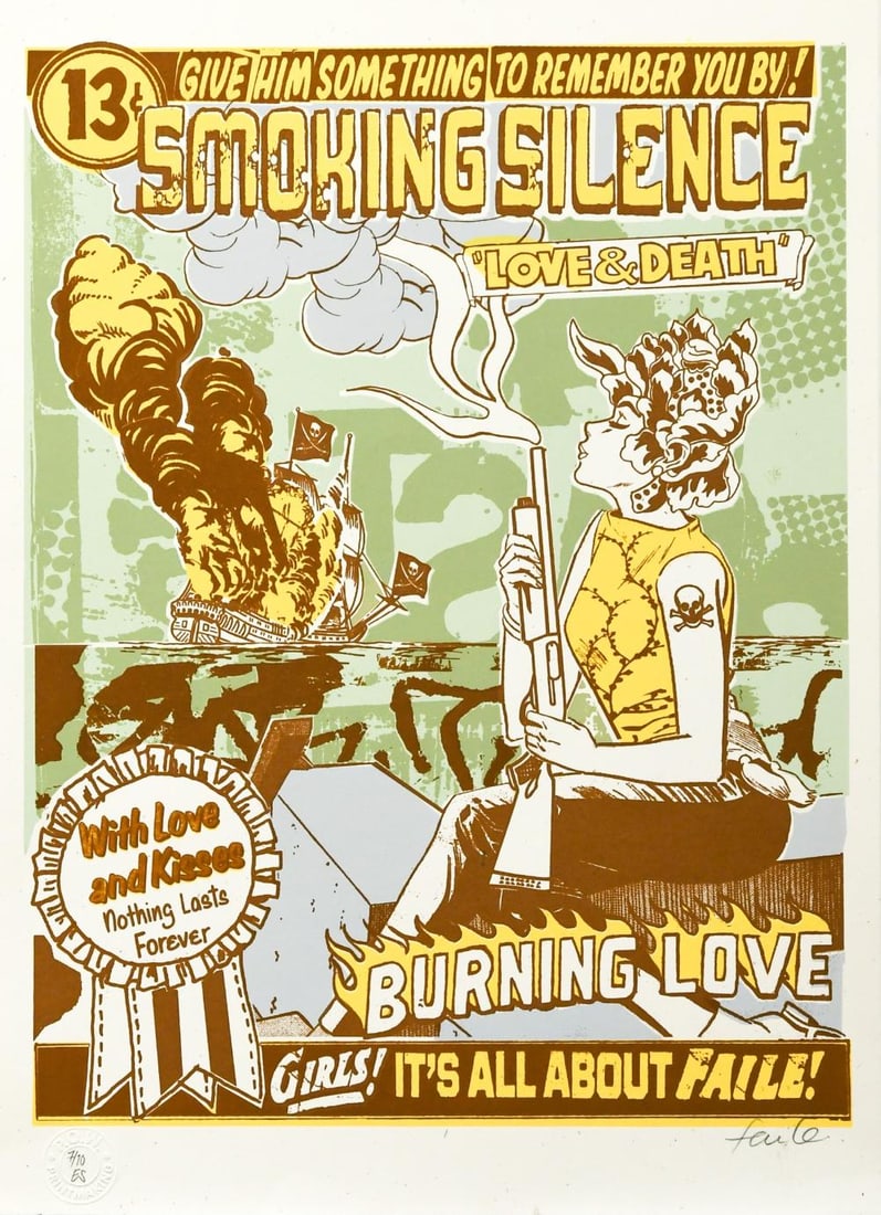 FAILE (1999-): FAILE (1999-) Smoking Silence signed 'faile' (lower right); numbered 7/10 ES within blindstamp screenprint, unframed 50 x 35cm
