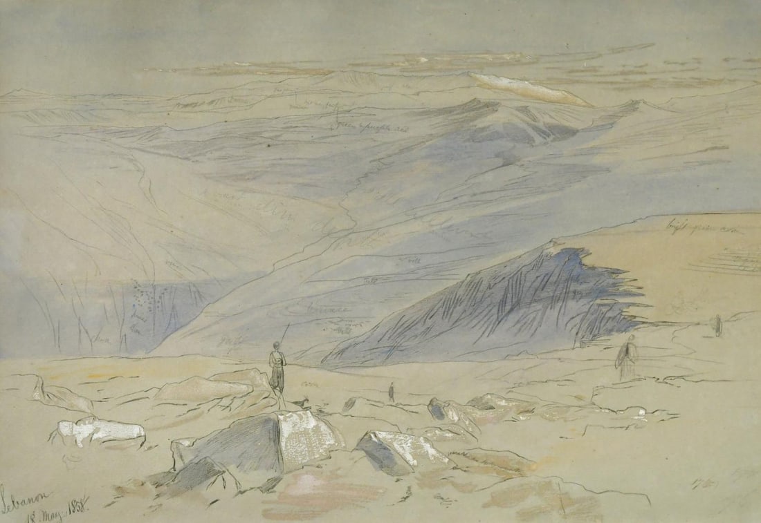 Edward Lear (British, 1812-1888): Edward Lear (British, 1812-1888) View on Mount Lebanon, possibly Mount Sannine titled 'Lebanon' lower left and dated '18 May 1858', numbered '176' lower left inscribed throughout with colour annotatio
