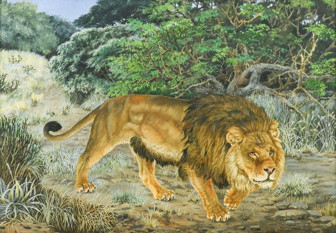 Urs Eggenschwyler (Swiss, 1849–1923): Urs Eggenschwyler (Swiss, 1849–1923) Lion on the prowl in a landscape signed with monogram lower right and dated 1911 oil on canvas 37 x 54cm Eggenschwyler was a sculptor, daughtsman and painter pri