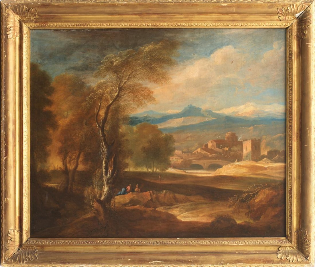 North Italian School (17th-18th century): North Italian School (17th-18th century) Figures resting in a landscape, a distant town and mountains beyond oil on canvas 73 x 91cm Provenance: Philip Worner, Esq. (according to James Bourlet & Sons