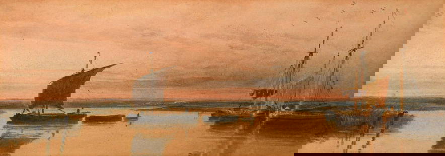 Attributed to Peter de Wint OWS (British, 1784-1849): Attributed to Peter de Wint OWS (British, 1784-1849) A sunset river landscape with fishing boats, possibly on the Yare watercolour 12.5 x 35cm