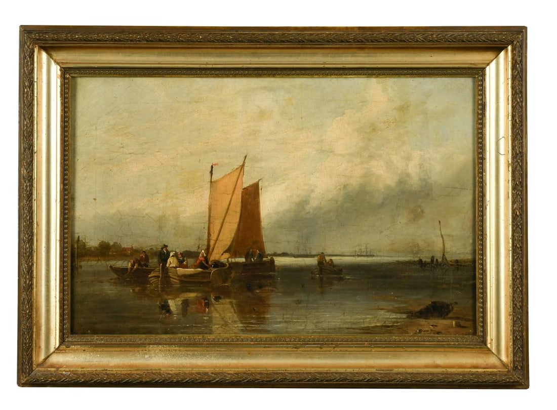 Attributed to James Stark (British, 1794-1859): Attributed to James Stark (British, 1794-1859) An estuary scene with fishing boats inscribed verso 'James Stark' oil on canvas 35.5 x 54.5cm