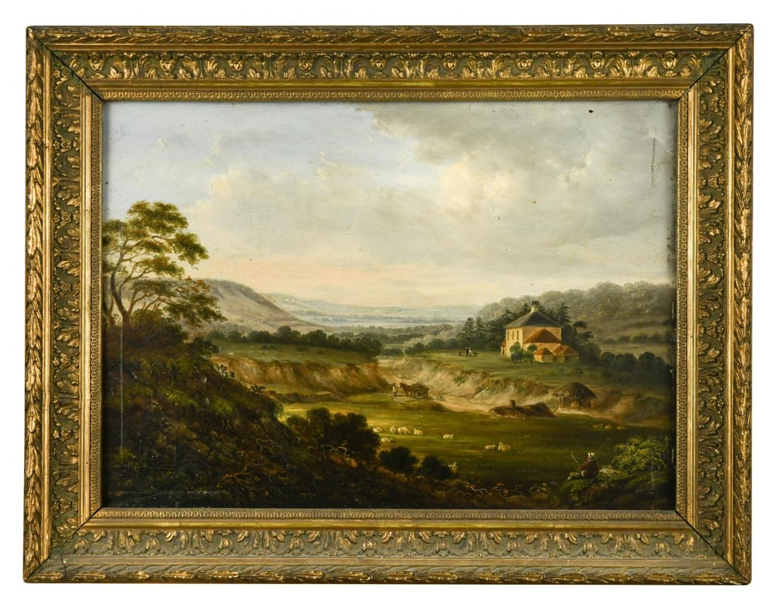 Follower of James Ward: Follower of James Ward A panoramic rural landscape with a shepherd watching his flock, a horse and cart beyond oil on panel 27 x 37.5cm