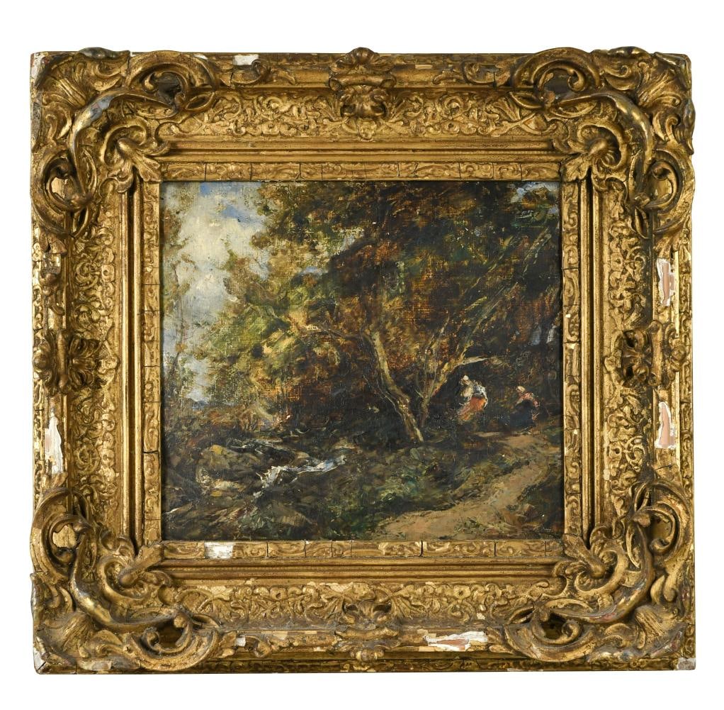 Follower of John Constable: Follower of John Constable Figures in a wooded river landscape oil on canvas laid on panel 21.5 x 24.5cm