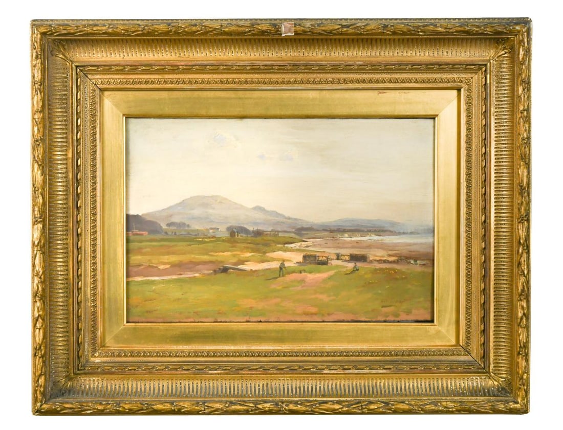 George Gray (Scottish, fl.1874-1889): George Gray (Scottish, fl.1874-1889) Innerleven Golf Links signed lower right 'Geo Grey' inscribed 'Innerleven Golf Links / By Geo. Grey / 1 Warrender Park Crescent' oil on panel 22 x 33.5cm