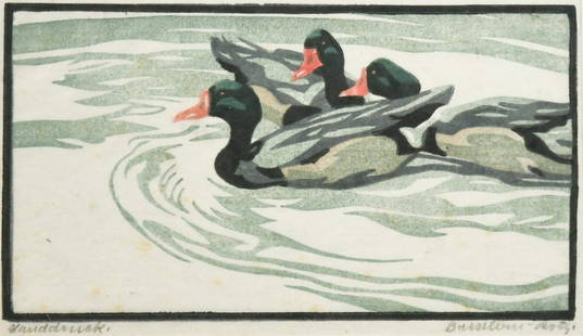 § Norbertine Bresslern-Roth (Austrian, 1891-1978): § Norbertine Bresslern-Roth (Austrian, 1891-1978) Ducks swimming; Birds on a branch each hand-signed in pencil to margin linocuts ducks 12 x 21cm birds 9.5 x 19cm Provenance: The studio collection of