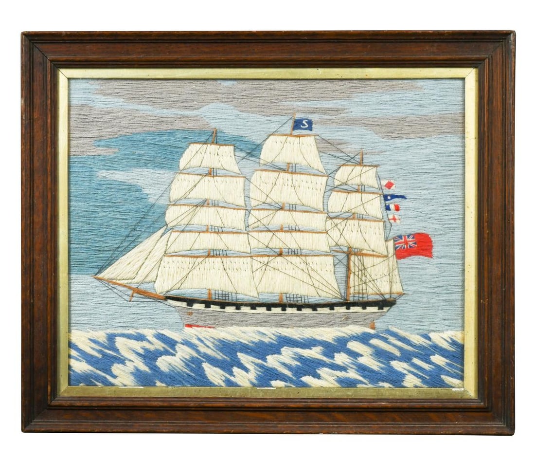 Three woolwork ship pictures, 20th century, (1 of 9)