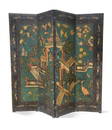 A chinoiserie painted four fold leather screen, late 19th century,