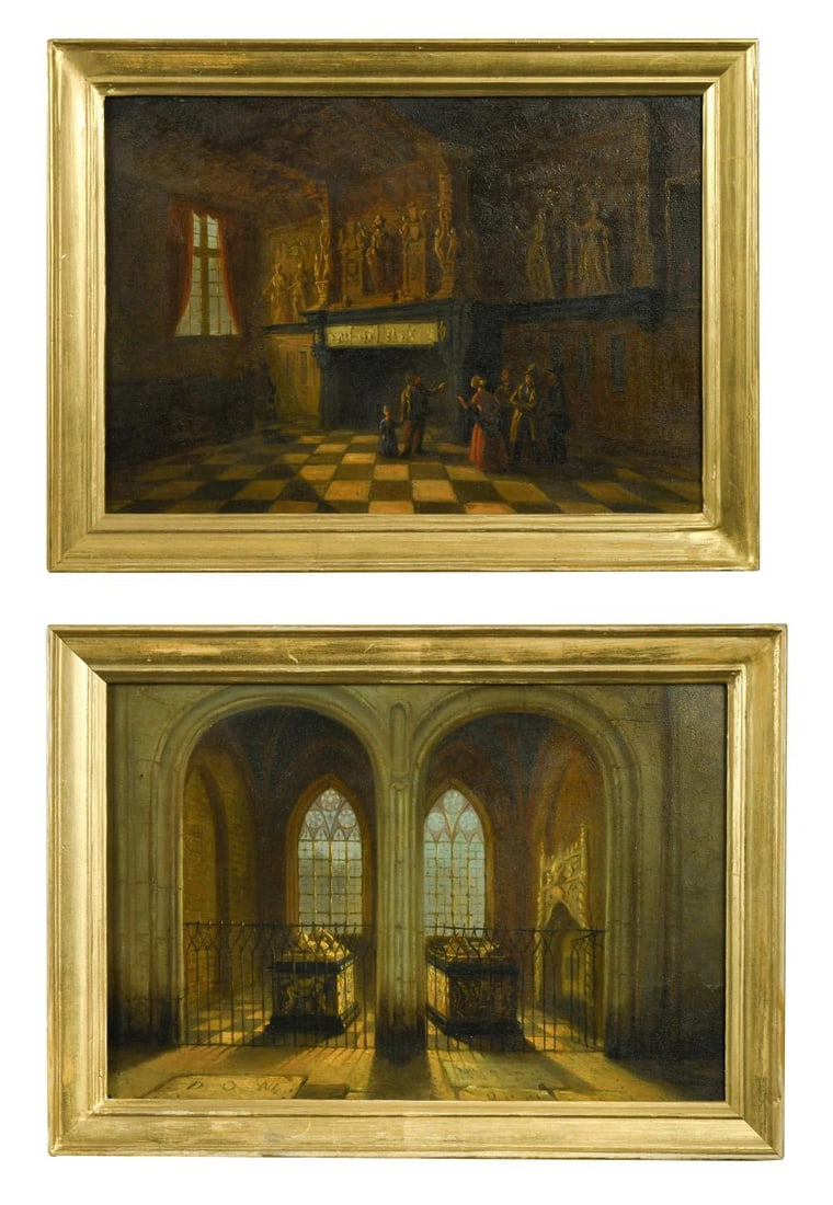 Circle of John Chase (British, 1810-1879): Circle of John Chase (British, 1810-1879) Interior of the Hall of Justice, Bruges; A church interior with tombs oil on tin, a pair each 20.5 x 30.5cm A similar view of the Hall of Justice by John Chas