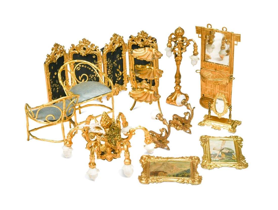 Erhard & Söhne, a collection of gilt metal dolls' house furniture and accessories, (1 of 11)