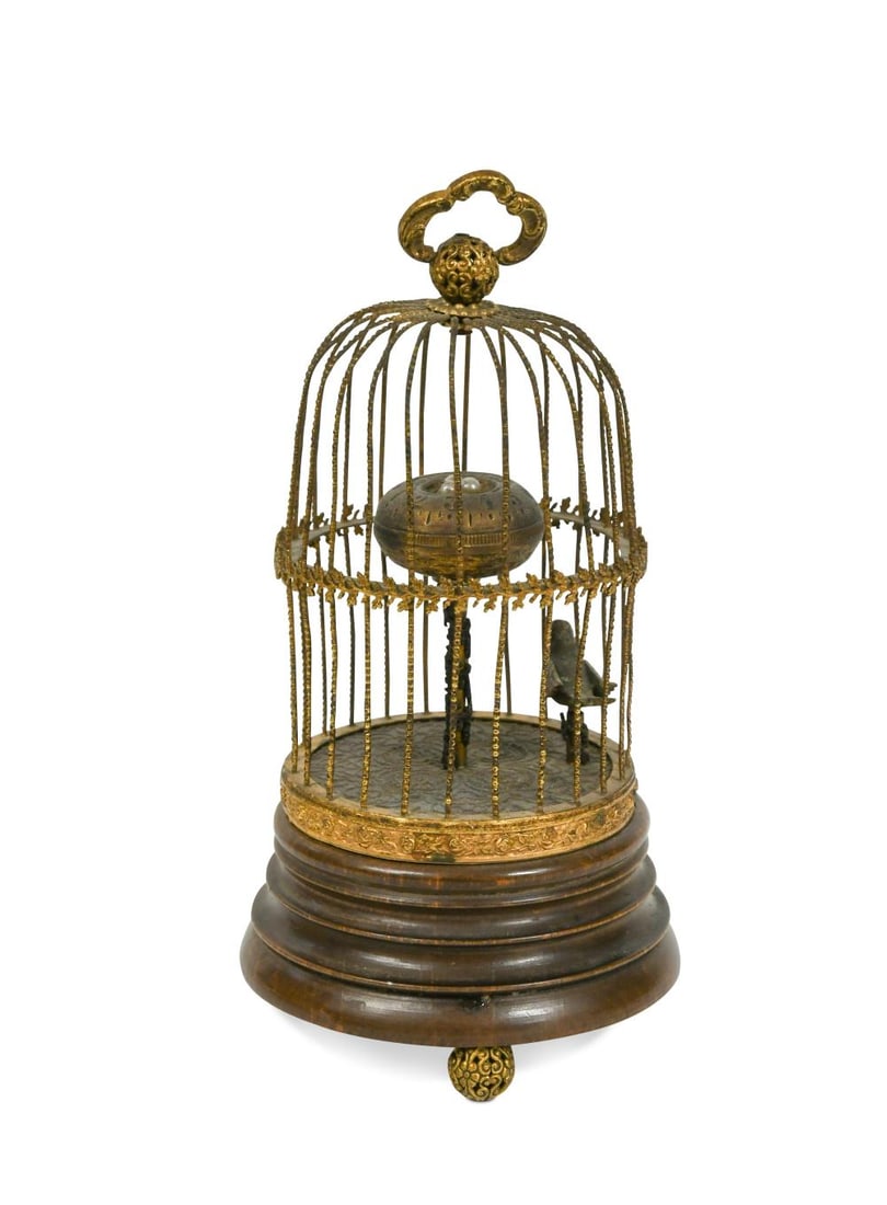 A gilt metal and walnut novelty bird-cage automaton table timepiece, (1 of 6)