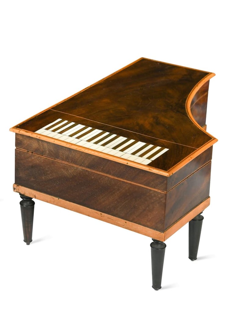 A Palais Royale mahogany sewing box-necessaire modelled as a pianoforte, 19th century, (1 of 18)