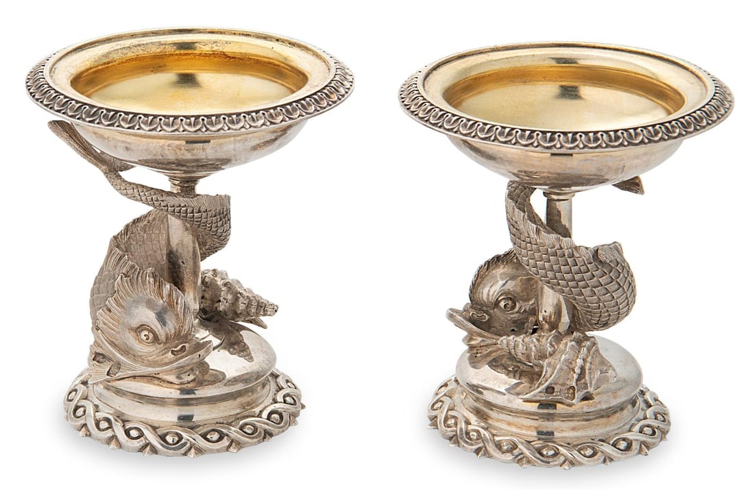 A pair of Victorian silver standing salts,: A pair of Victorian silver standing salts, mark of Smith, Nicholson & Company (Stephen Smith & William Nicholson) London 1856, each circular bowl with decorative rim and gilded interior, raised on a p