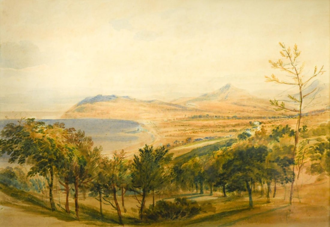 Samuel Frederick Brocas (Irish, 1792-1847): Samuel Frederick Brocas (Irish, 1792-1847) Bray Head, County Wicklow, 1829 titled and dated verso pencil and watercolour 24.5 x 35cm