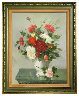 § Vernon de Beauvoir Ward (British, 1905-1985): § Vernon de Beauvoir Ward (British, 1905-1985) Still life of roses in a white vase signed lower left 'Vernon Ward' inscribed verso 'July Showing / by Vernon Ward / 1979 / Dorset' oil on canvas board
