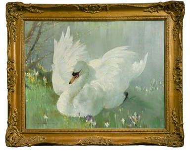 § Vernon de Beauvoir Ward (British, 1905-1985): § Vernon de Beauvoir Ward (British, 1905-1985) 'White Beauty', a swan on a riverbank signed lower left 'Vernon Ward' titled verso oil on canvas board 34 x 44cm