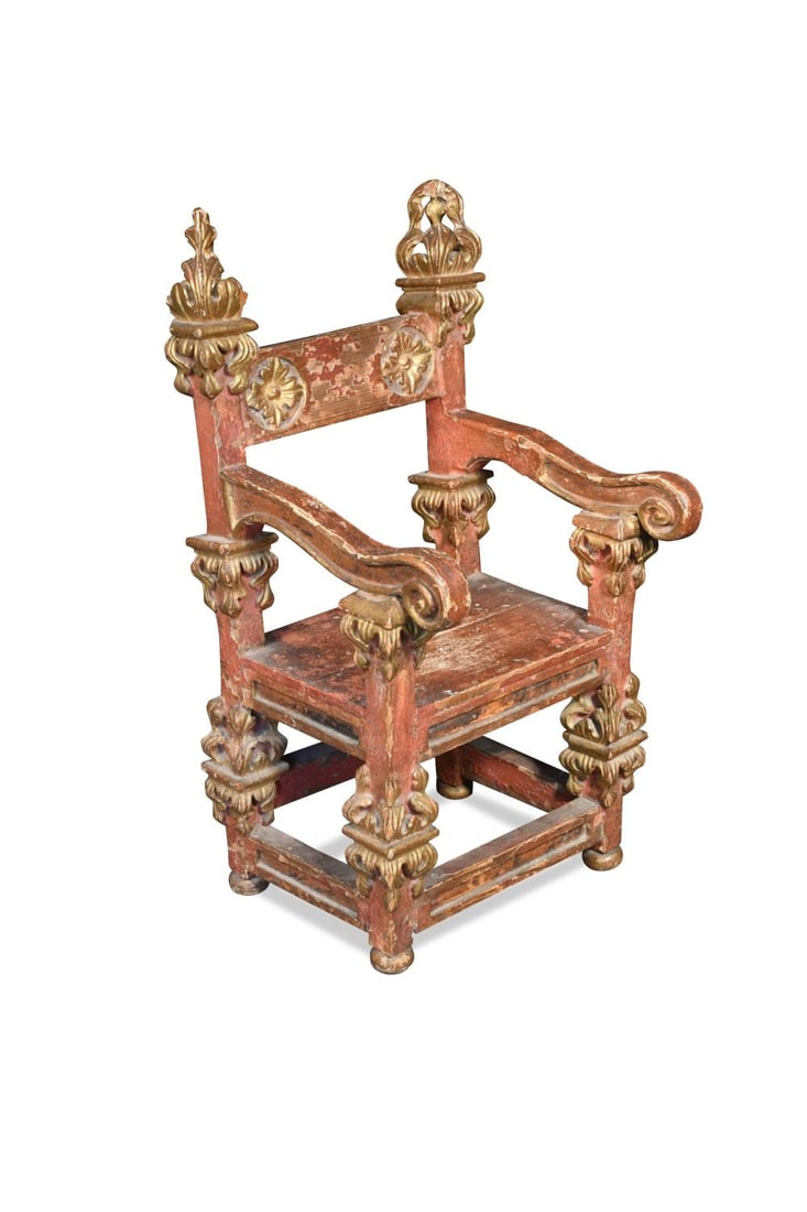 A Spanish red painted and parcel gilt child's throne armchair, late 17th century, (1 of 9)