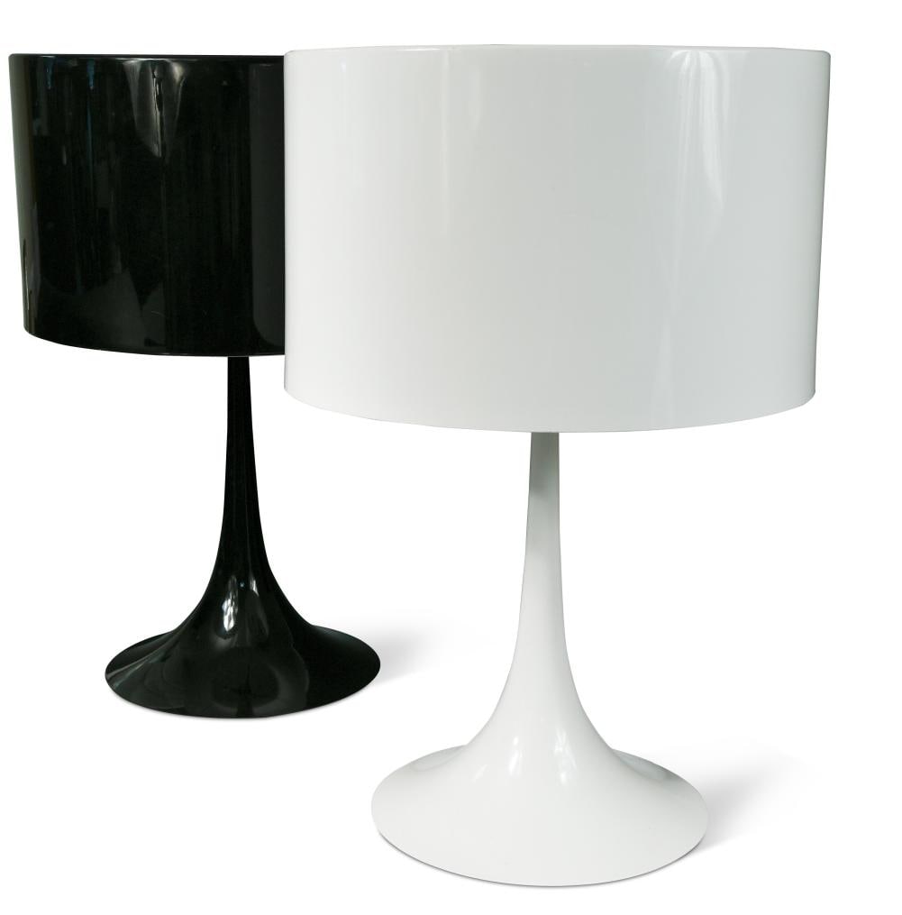 Sebastian Wrong for Flos, two T2 'Spun' table lamps,: Sebastian Wrong for Flos, two T2 'Spun' table lamps, each with spun metal frame and diffuser and die-cast aluminium diffuser support arms, one finished in black, the other in white 68cm high overall,