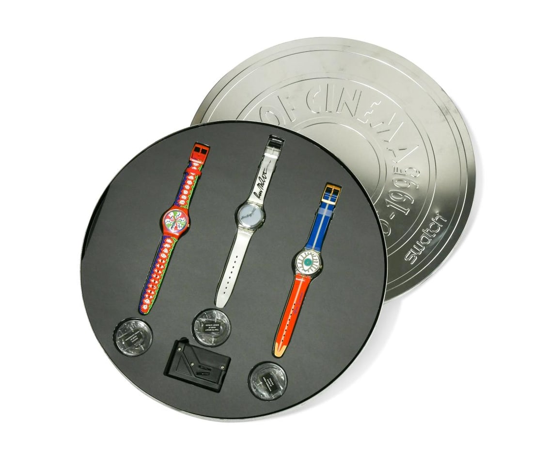 Swatch 100 years of Cinema special edition boxed set of three watches,: Swatch 100 years of Cinema special edition boxed set of three watches, each watch complete with mini film by Robert Altman, Pedro Almodovar and Akira Kurosawa, viewed through a mini projector, contain