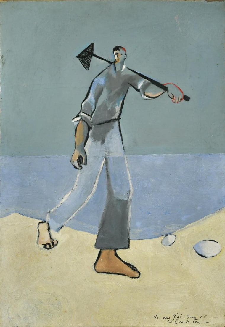 § John Craxton RA (1922-2009): § John Craxton RA (1922-2009) A Fisherman signed and inscribed 'to my Gigi . June 48 / Craxton' (lower right) oil on canvas, unframed 63 x 43.5cm Provenance: Given by the artist to Gigi Richter in 19