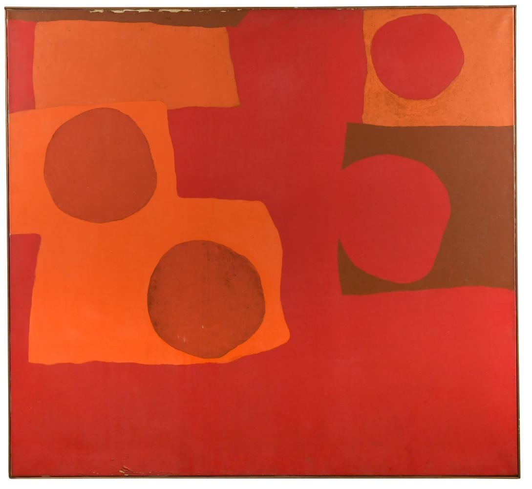 § Patrick Heron CBE (1920-1999): § Patrick Heron CBE (1920-1999) FIVE REDS, FOUR DISCS : MAY 1965 signed, titled and dated May 1965 to the reverse oil on canvas 122 x 132cm Exhibited: Private Collection (via Waddington Galleries, Lo