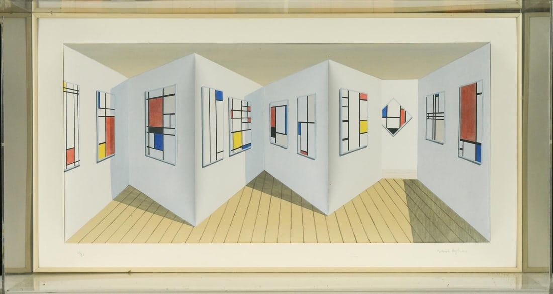 § Patrick Hughes (1939-): § Patrick Hughes (1939-) Mondrian signed 'Patrick Hughes' (lower right); numbered 23/35 hand painted 3-D print with archival inkjet 40.5 x 74 x 19cm