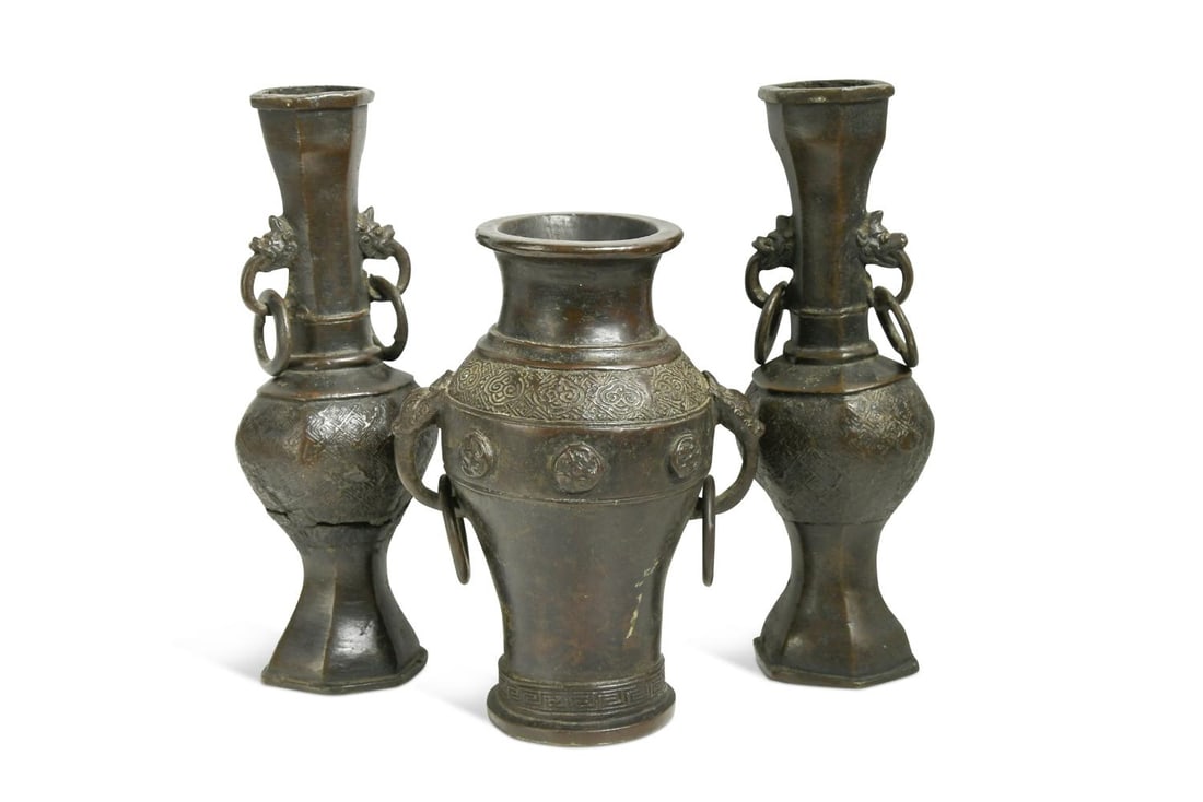 A pair of early Ming bronze hollow vases, of archaic style, (1 of 18)