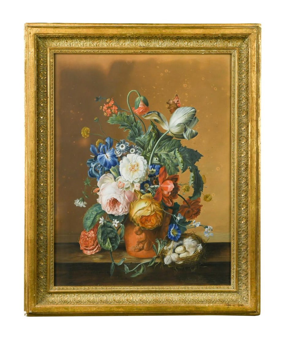 Fanny Siegmann (19th century) after Jan van Huysum: Fanny Siegmann (19th century) after Jan van Huysum Floral still life signed lower right 'Fanny Siegmann / Dresden, Februari 1870' inscribed 'Jan van Huysman' lower left gouache 48 x 37cm Provenance: C
