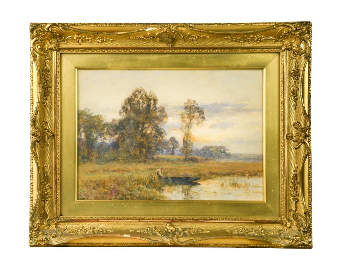 Sir Ernest Albert Waterlow RA PRWS (British, 1850-1919): Sir Ernest Albert Waterlow RA PRWS (British, 1850-1919) 'The End of the day' signed lower left 'EAWaterlow' titled and signed on original label verso with the artist's address watercolour 26 x 37.5cm