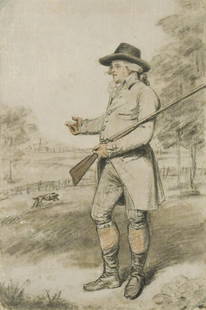 John Raphael Smith (British, 1752-1812): John Raphael Smith (British, 1752-1812) Study of a sportsman, holding his shotgun, his dog in parkland beyond black chalk on prepared paper 39 x 26cm Provenance: Spink, London Stylistically the presen