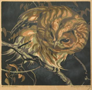 § Norbertine Bresslern-Roth (Austrian, 1891-1978): § Norbertine Bresslern-Roth (Austrian, 1891-1978) Tawny owl hand-signed to the margin in pencil linocut 18 x 19cm
