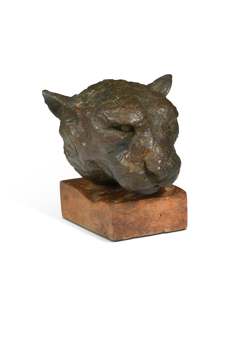 § Hamish Mackie (b.1973), Cheetah Head, Lewa,: § Hamish Mackie (b.1973), Cheetah Head, Lewa, an impressionistically modelled and patinated bronze model of a cheetah's head, raised on integral on a burr wood plinth base, numbered, signed, dated, a