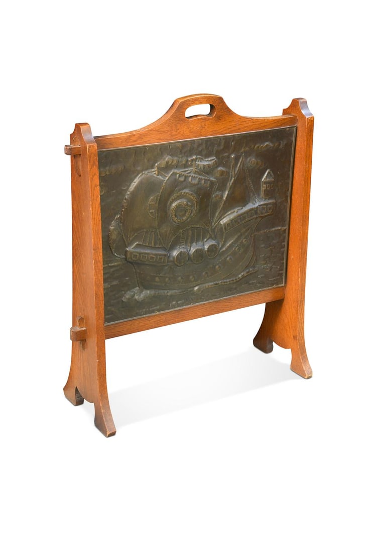 In the manner of John Pearson, an Arts & Crafts fire screen,: In the manner of John Pearson, an Arts & Crafts fire screen, the copper panel embossed with an image of a ship at sea 76.5 x 69 x 25cm