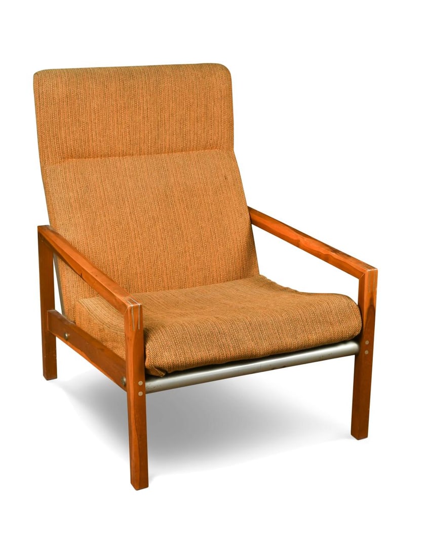 Ernest Race (1913-1964), a yew wood-framed 'Sheppey' armchair,: Ernest Race (1913-1964), a yew wood-framed 'Sheppey' armchair, with original wool-upholstered cushion seat and back, the arms with exposed aluminium joints 86 x 63.5 x 75cm