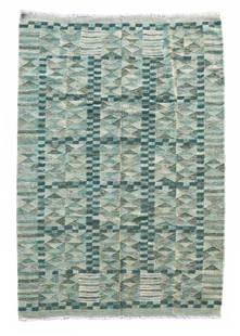 In the manner of Barbro Nilsson, a kilim flat-weave wool carpet,: In the manner of Barbro Nilsson, a kilim flat-weave wool carpet, of recent manufacture, woven in tones of green
