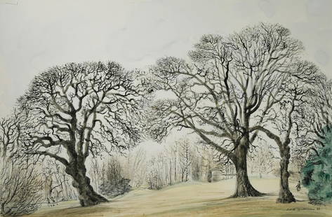 § David Gentleman RDI (1930-): § David Gentleman RDI (1930-) The Park signed and dated 'David Gentleman 83' (lower right) pencil, pen and ink with watercolour 35 x 53cm 54 x 73cm framed