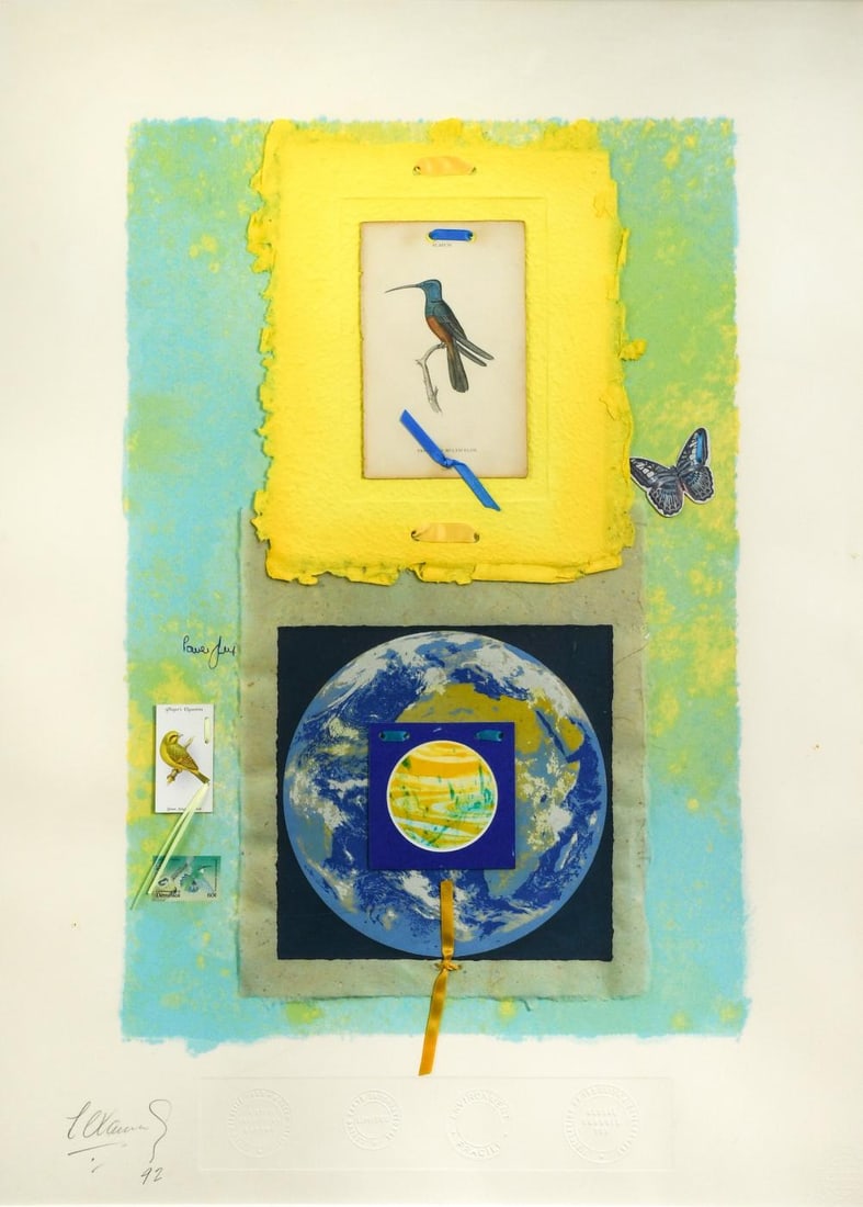 Sir Llewellyn Xavier KCMG, OBE (1945-): Sir Llewellyn Xavier KCMG, OBE (1945-) four signed mixed media collages, to include: Hummingbirds, dated 92 (lower left) and stamped with Restoration of the Earth's Environment, Environment Fragile, W