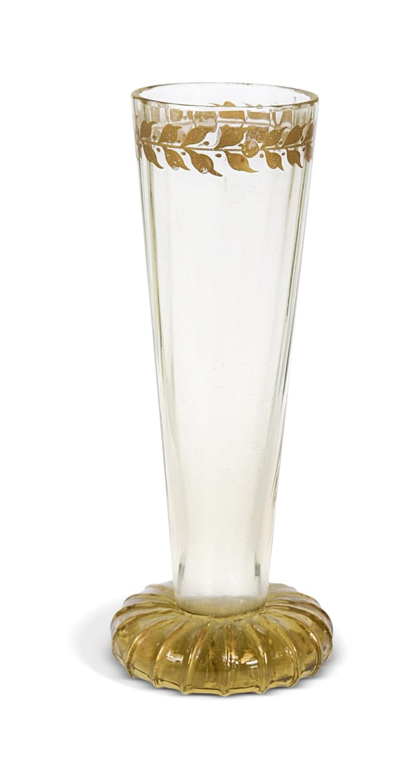 A Gallé gilt decorated glass vase,: A Gallé gilt decorated glass vase, the tapering cylindrical form to a compressed circular foot with gilt decoration, Cristallerie Emile Gallé, Nancy mark to base 15.5cm high