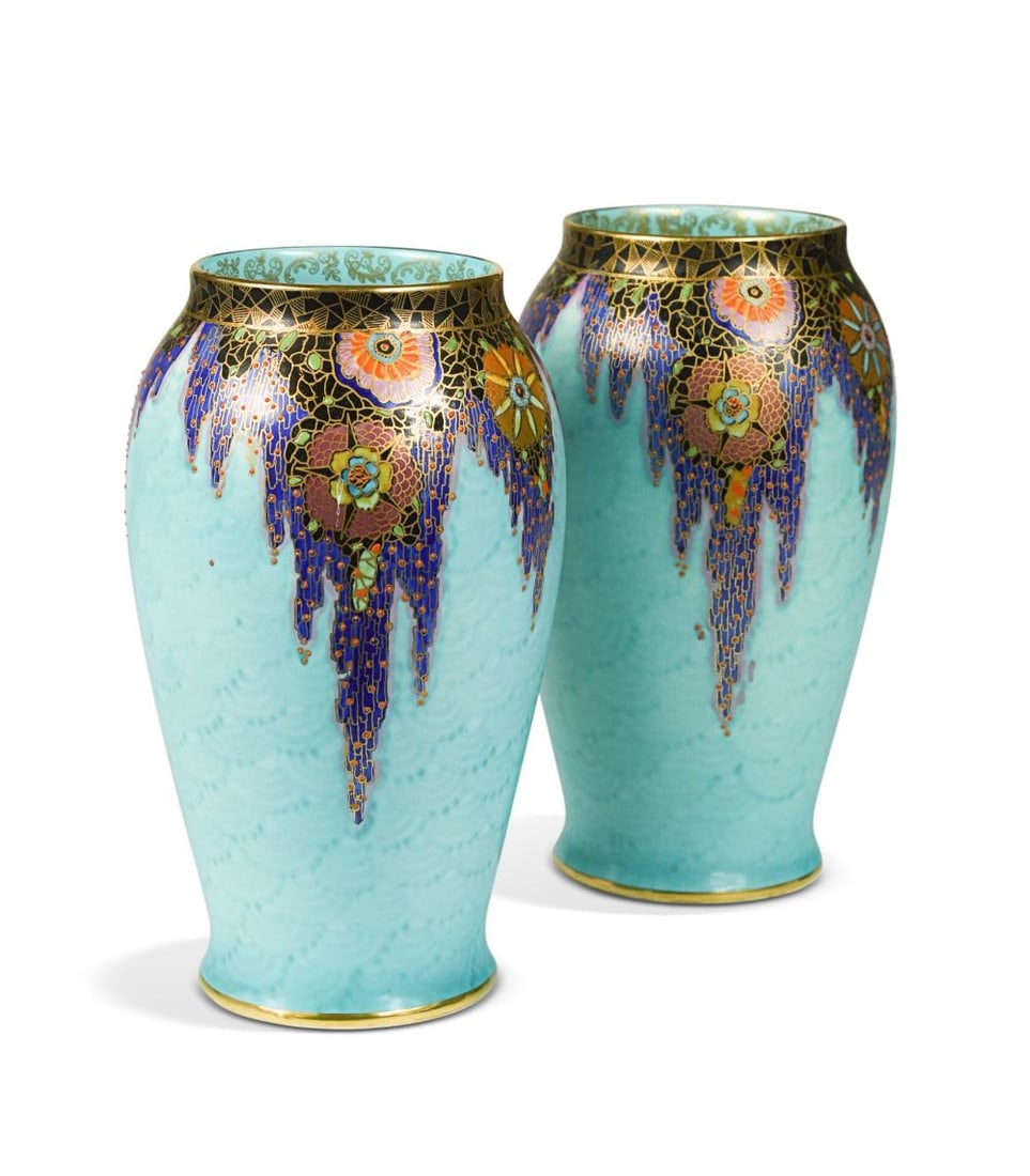A pair of Art Deco Crown Devon 'mattajade' vases, (1 of 13)