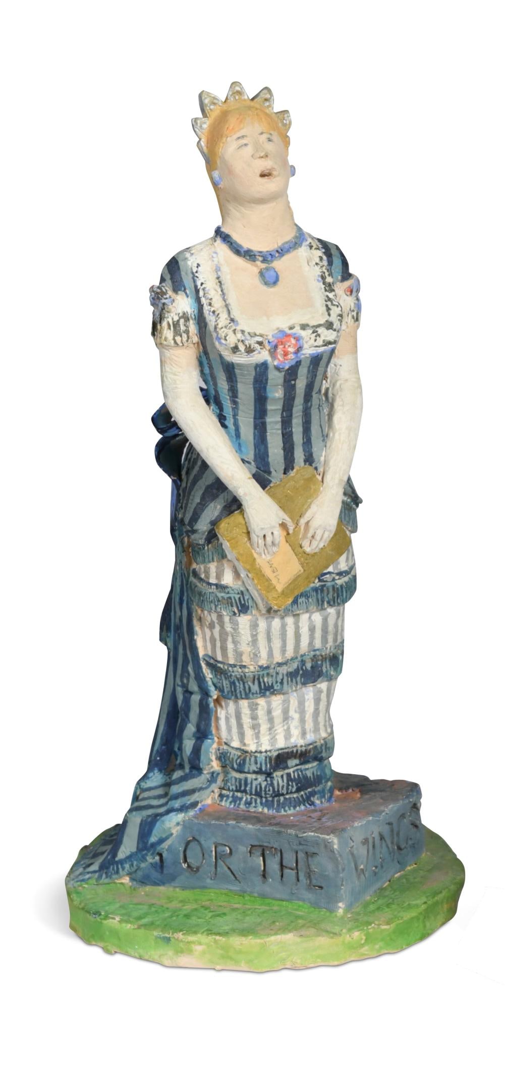 § Quentin Bell (1910-1996), a studio pottery model of a female singer,: § Quentin Bell (1910-1996), a studio pottery model of a female singer, painted in colourful glazes and mounted to integral circular base 40.5cm high The marterial for the model is plaster, there are