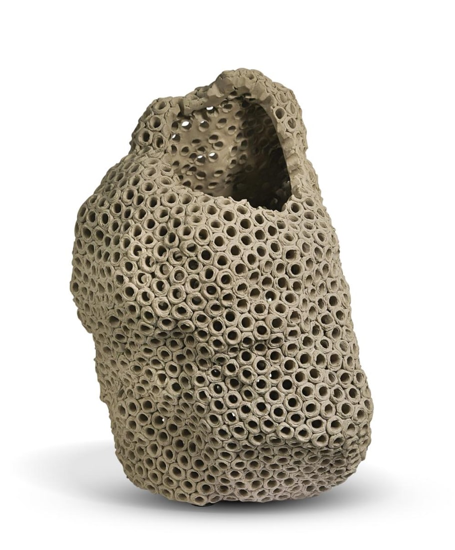 § Gilles Caffier, a large 'Popcorn' vase,: § Gilles Caffier, a large 'Popcorn' vase, of organic, pierced form, in matte oatmeal glaze, reference VA821-822GY, with plaque and incised signature and incised date 2011 and 2/23/30 to underside 43c