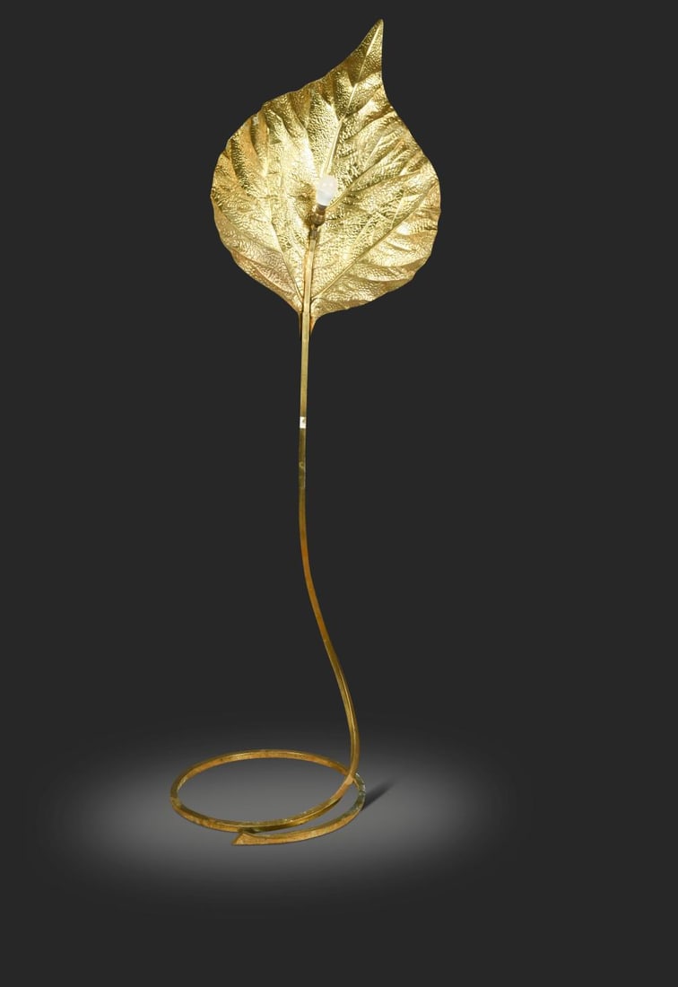 Tomasso Barbini for Carlo Giorgi, a brass Rhubarb floor lamp, circa 1970,: Tomasso Barbini for Carlo Giorgi, a brass Rhubarb floor lamp, circa 1970, the large hammered leaf on swept brass support 167cm high