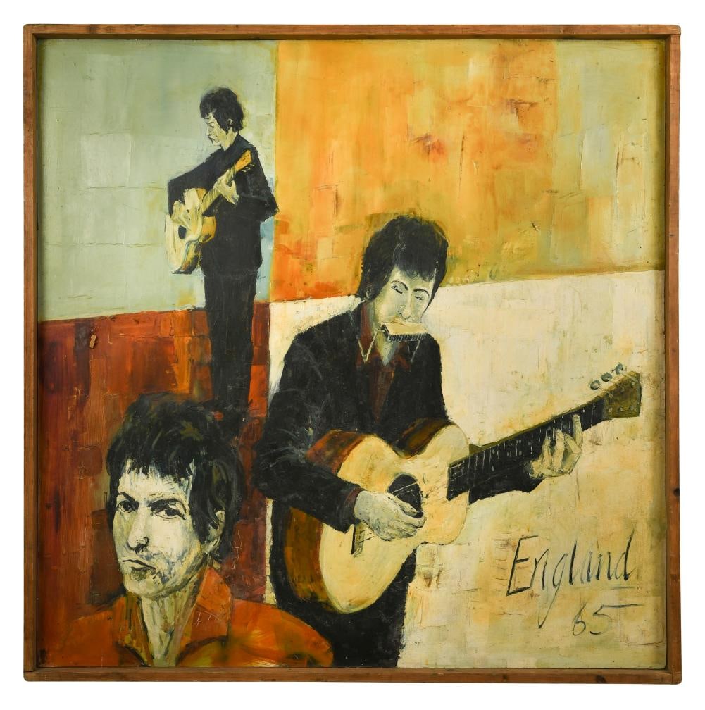 § Frederick England (1939-): § Frederick England (1939-) Bob Dylan - Triptic Portrait [sic] signed and dated 'England / 65'; further signed, titled and dated to the reverse oil on board 121 x 121.5cm Exhibited: The London, R.I.
