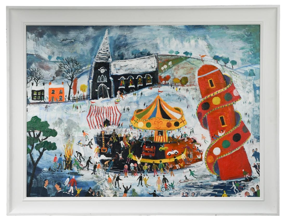 § Simeon Stafford (1956-): § Simeon Stafford (1956-) St.Ives Winter Fair signed 'SIMEON' (lower left); further signed and titled to the reverse oil on canvas 75 x 100cm