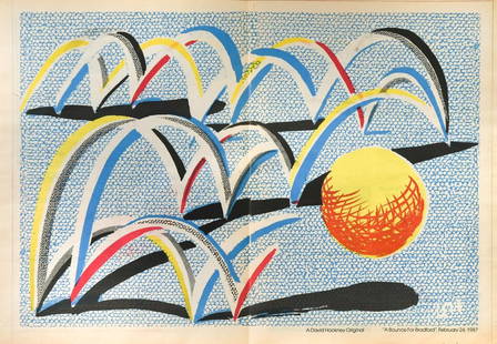 § David Hockney OM, CH, RA (1937-): § David Hockney OM, CH, RA (1937-) A Bounce for Bradford newsprint, published in the Bradford 'Telegraph & Argus', March 3 1987, unframed 42 x 60cm