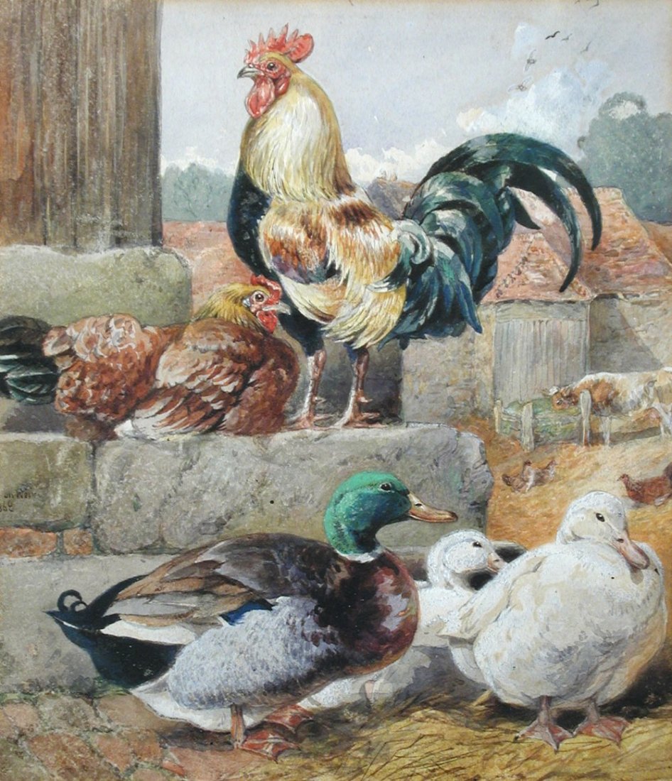 Harrison William Weir (British, 1824-1906) - A Cockerel: Harrison William Weir (British, 1824-1906) A Cockerel, Hens and Ducks in a Farmyard signed centre left "H W Weir 1868" watercolour 22 x 19cm (9 x 7in)