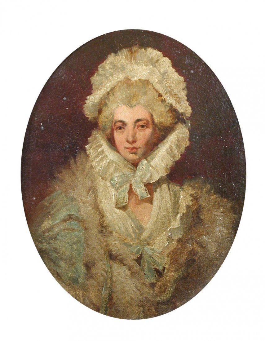 Circle of John Downman (1750-1824) - Portrait of a Lad: Circle of John Downman (British, 1750-1824) Portrait of a Lady in a Lace Cap with Ribbons and a Fur-Trimmed Stole oil on canvas 24 x 19cm (9 x 7in)