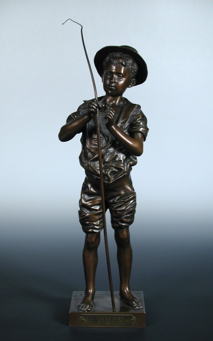 Adolphe Jean Lavergne (1852-1901), 'Pecheur', a bronze: Adolphe Jean Lavergne (1852-1901), 'Pecheur', a bronze figure of a young boy with his trousers rolled up to the knee as he ties bait to his line, the rectangular base labelled, 46cm (18.25 in.) high